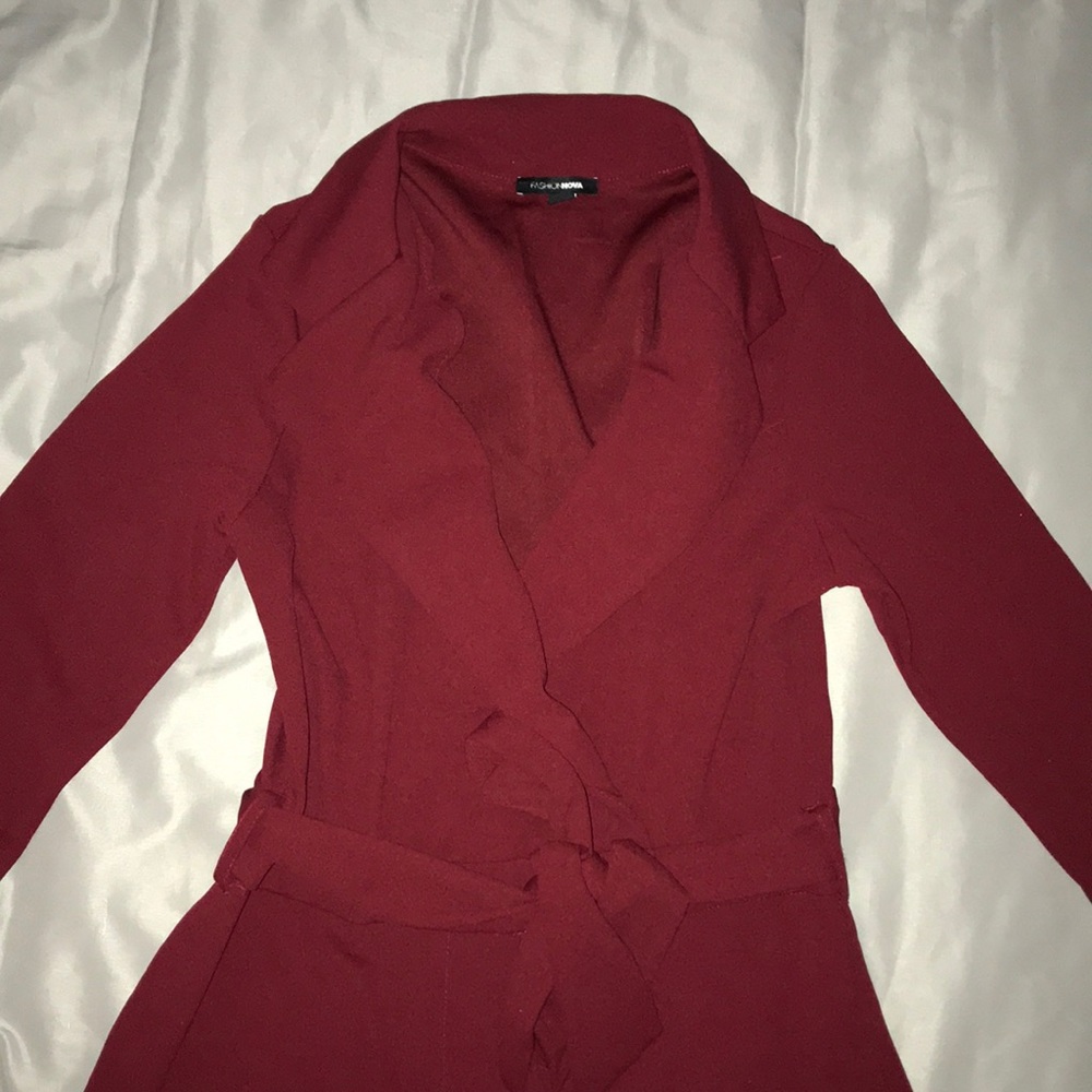 Fashionnova burgundy jumpsuit with belt